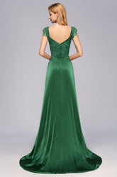 Elegant V-Neck Dark Green Lace Bridesmaid Dresses with Front-Slit-27dress